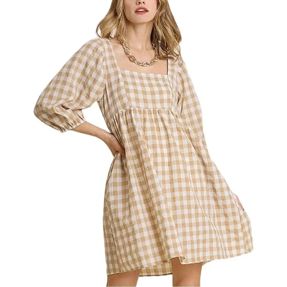 Umgee Dresses & Skirts - Umgee Gingham Beige & White Fall 3/4 Sleeve Tie Back A-Line Dress Size M NWT